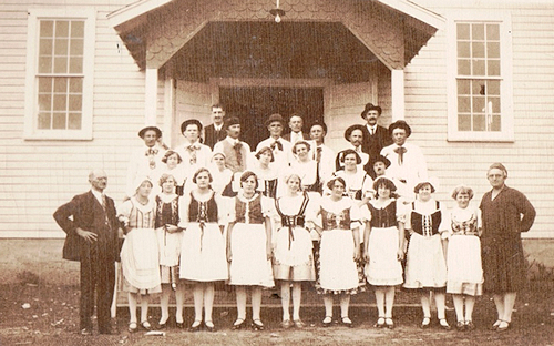 Photo of Czech dancers in front of the PZK Hall. - Click to Enlarge.