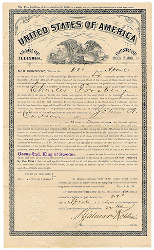 Photo of Certificate of Naturalization.