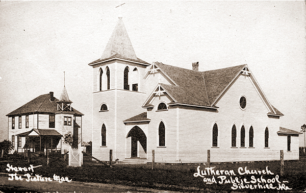 Photo of Lutheran Church and Silverill School House about 1920.