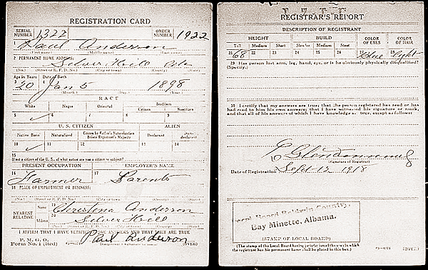 Photo of draft registration card.