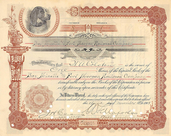 Photo of Bay Minette and Fort Morgan Railroad Company certificate.
