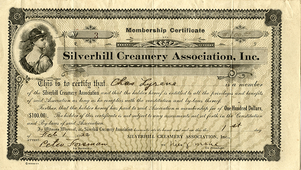 Photo of Silverhill Creamery Association, Inc. Membership Certificate